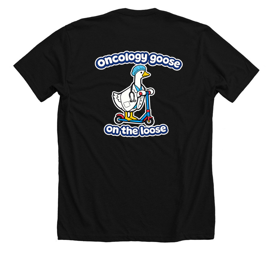 Oncology Goose, a Solid Black Blend Premium Unisex Tee (back-view)