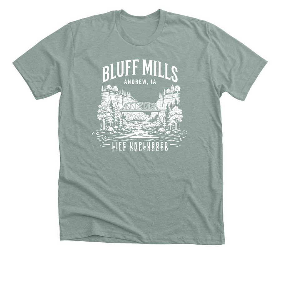 Bluff Mills, a Heather Sage Premium Unisex Tee