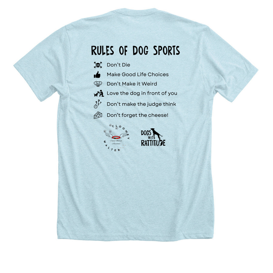 Rules of Dog Sports, a Heather Ice Blue Premium Unisex Tee (back-view)