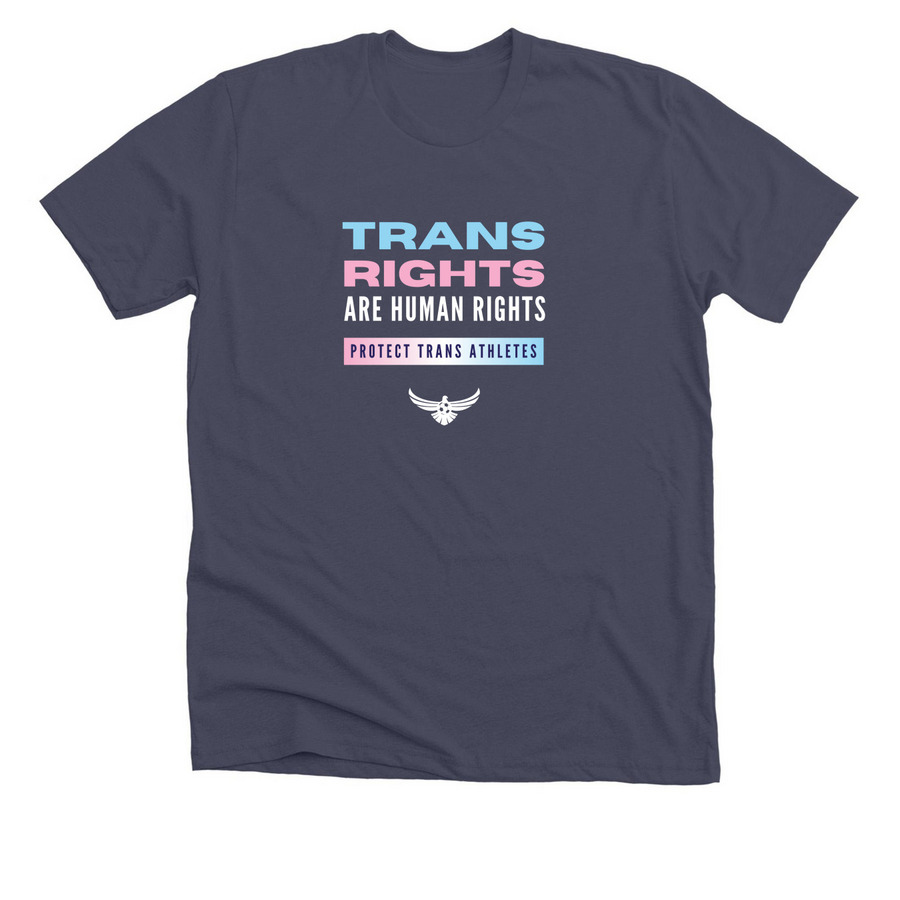 PROTECT TRANS ATHLETES, a Heather Midnight Navy Premium Unisex Tee