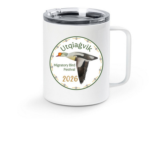 Utqiagvik Migratory Bird Fest '26 Travel Mugs, a White Stainless Steel Travel Mug