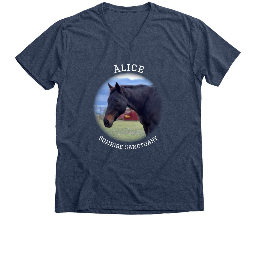 Alice front & center, a Heather Navy Premium V-Neck Tee