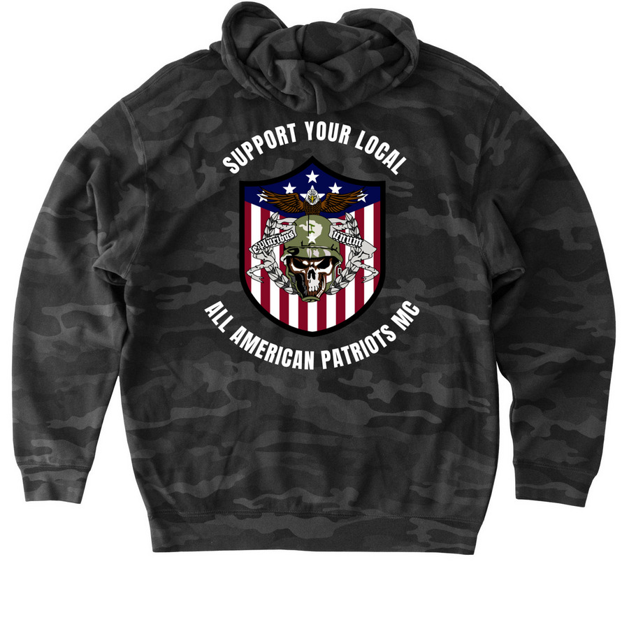 Support Hoodie, a Black Camo Heavyweight Camo Pullover Hoodie (back-view)