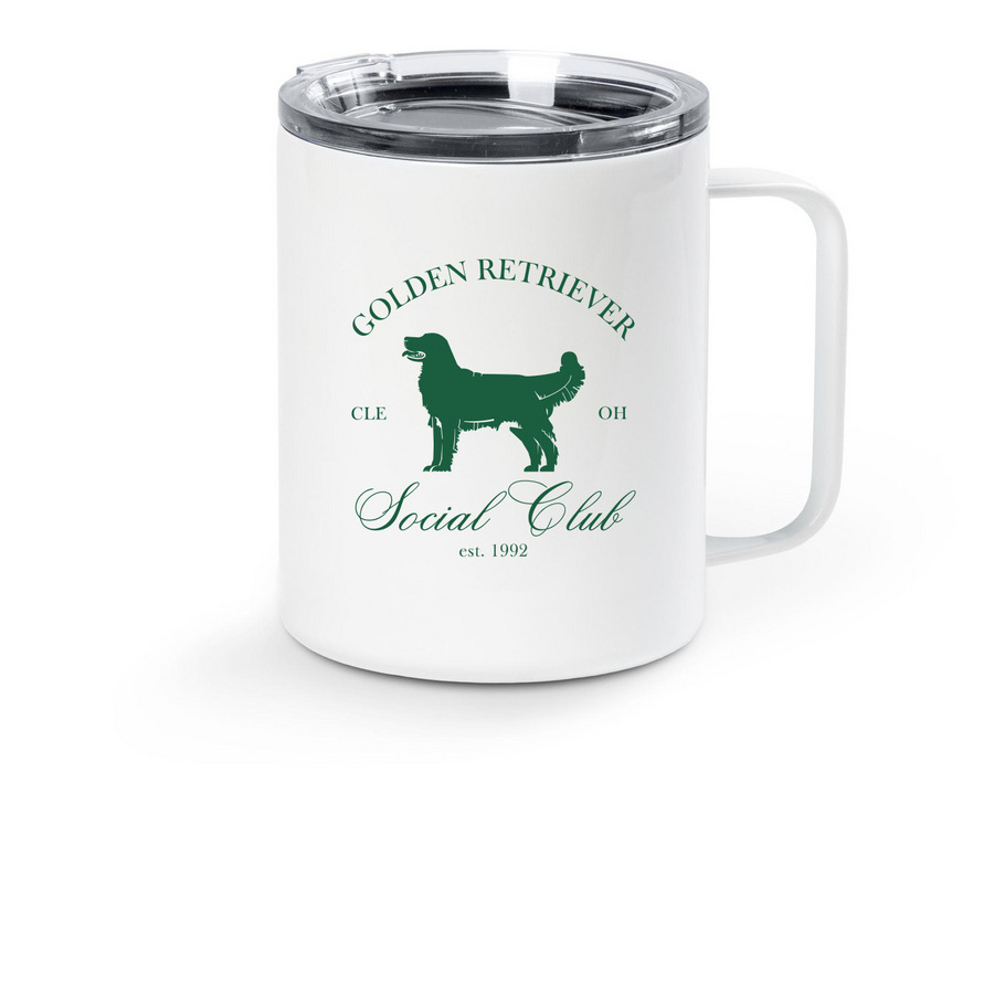 Golden Retriever Social Club Mug, a White Stainless Steel Travel Mug