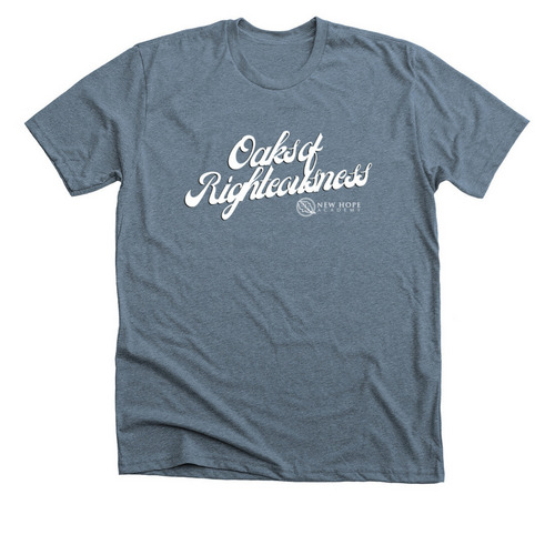 Oaks of Righteousness Cursive Font, a Heather Slate Premium Unisex Tee