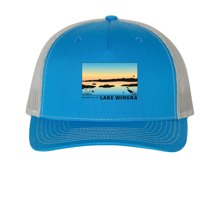 Friends of Lake Wingra Trucker Cap, a Cobalt Blue/ Grey Printed Five-Panel Trucker Cap