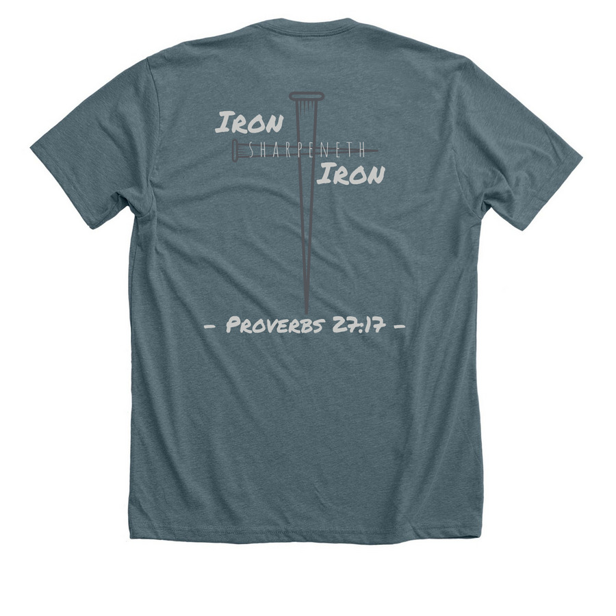 Iron Sharpeneth Iron, a Heather Slate Premium Unisex Tee (back-view)