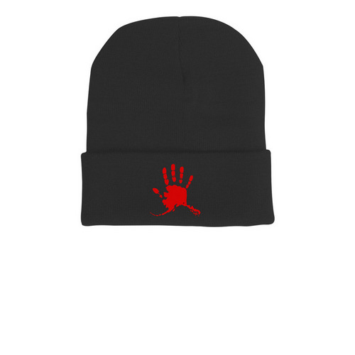 Printed red MMIP hat, a Black Printed Cuffed Beanie