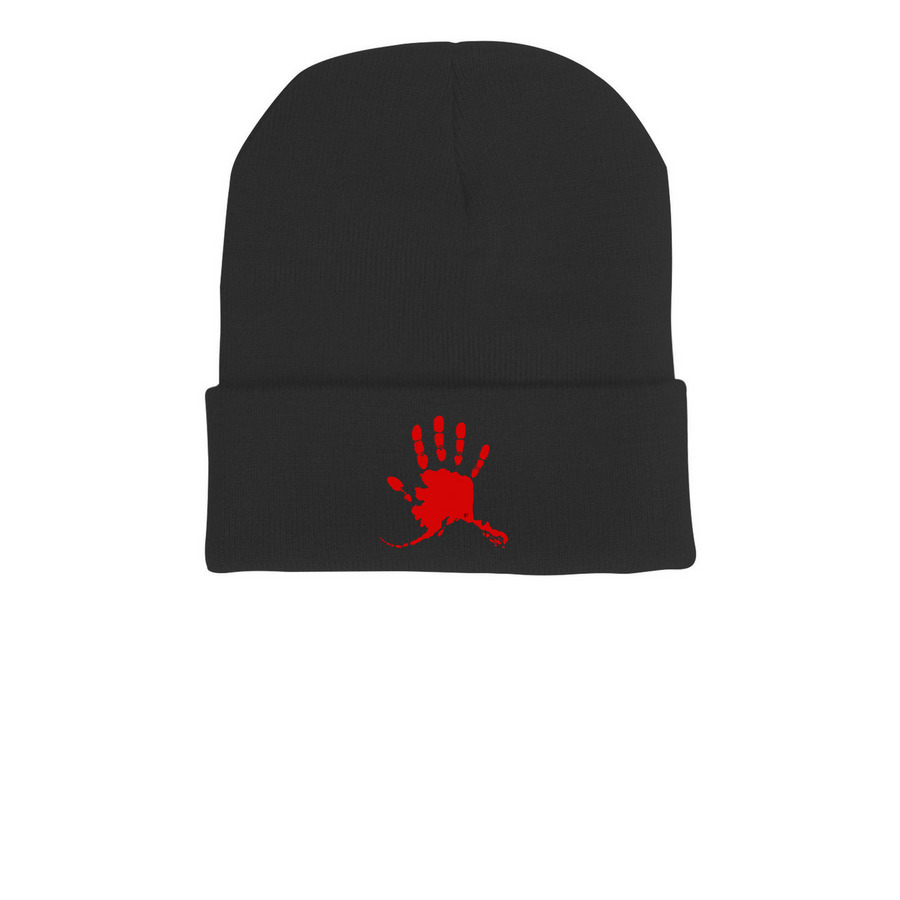Printed red MMIP hat, a Black Printed Cuffed Beanie
