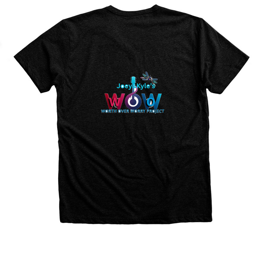 Worth Over Worry Project, a Black Heather Premium V-Neck Tee (back-view)
