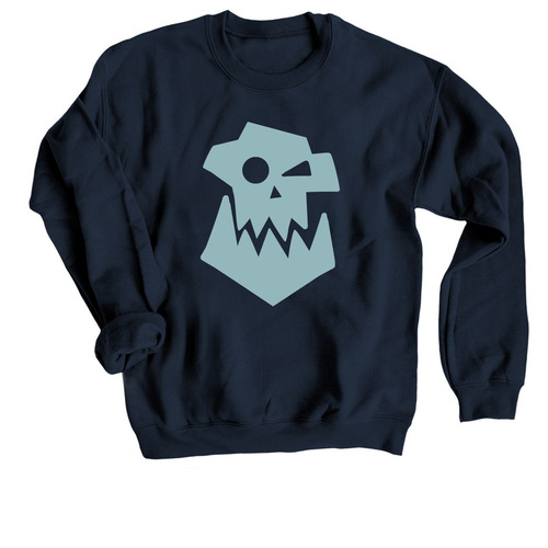 Light Blue Ork Skull, a Navy Crewneck Sweatshirt