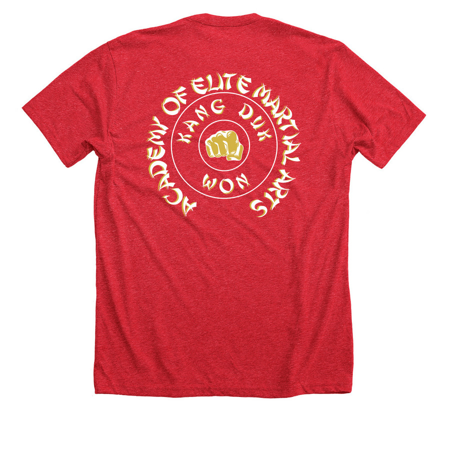 Academy of Elite Martial Arts (Gold/White), a Heather Red Premium Unisex Tee (back-view)