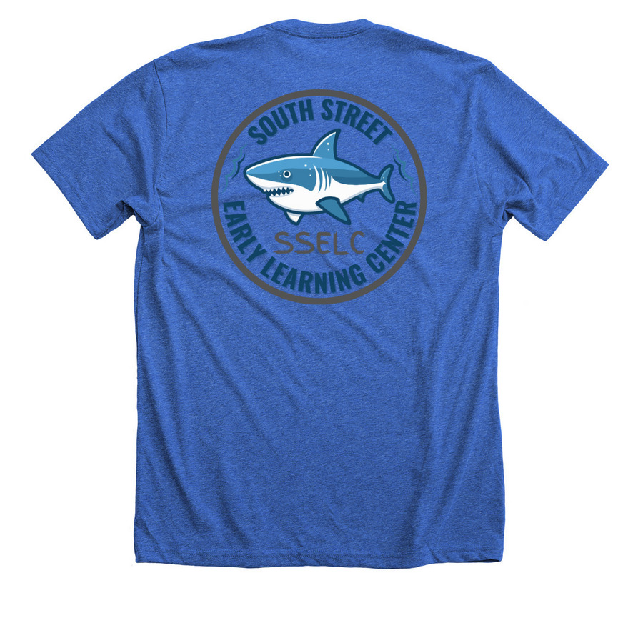 SSELC SHARK SWAG!, a Heather True Royal Premium Unisex Tee (back-view)