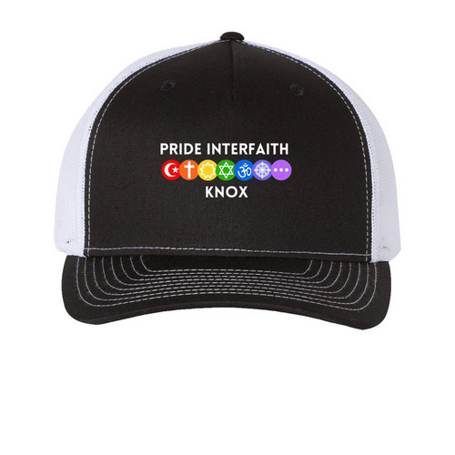 PRIDE INTERFAITH KNOX TRUCKER CAP, a Black/ White Printed Five-Panel Trucker Cap
