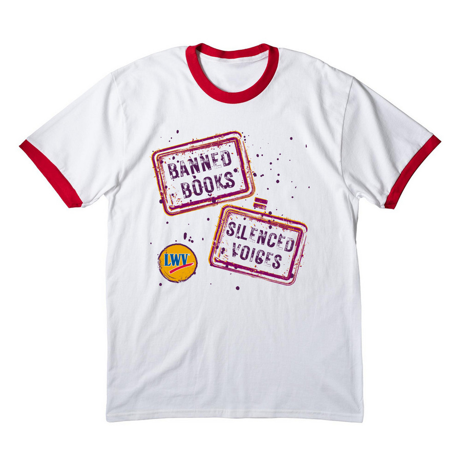 Banned Books = Silenced Voices, a White/ Red Cotton Ringer Tee