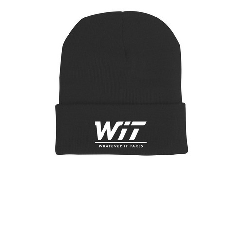 WIT., a Black Printed Cuffed Beanie