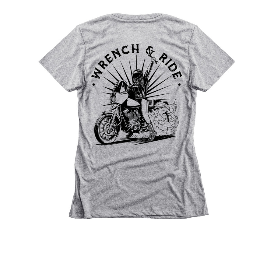 Wrench & Ride, a Dark Heather Grey Women's Slim Fit Tee (back-view)