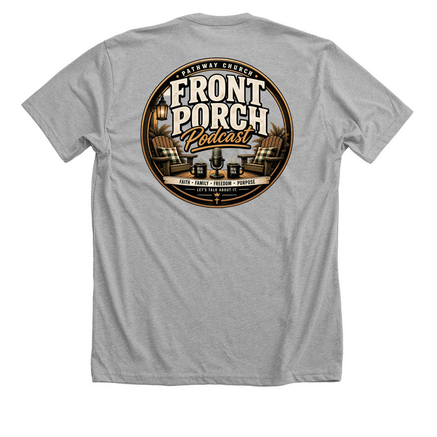 Front Porch Podcast, a Athletic Heather Premium Unisex Tee (back-view)