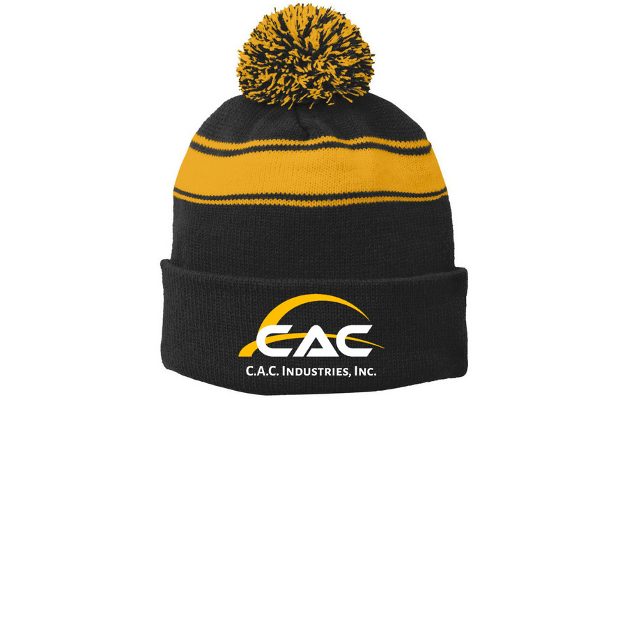 CAC Beanies, a Black/ Gold Printed Stripe Pom-Pom Beanie