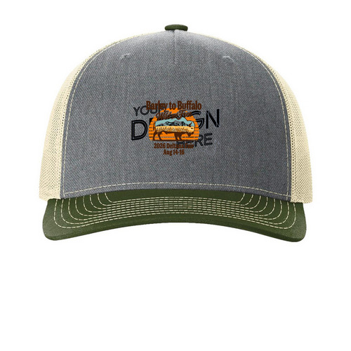 2026 Deltana Fair Hats, a Heather Grey/ Birch/ Army Olive Printed Five-Panel Trucker Cap