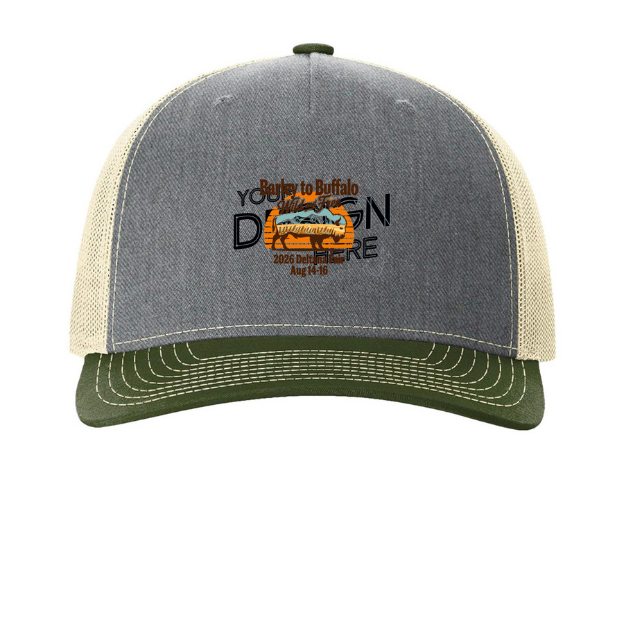 2026 Deltana Fair Hats, a Heather Grey/ Birch/ Army Olive Printed Five-Panel Trucker Cap