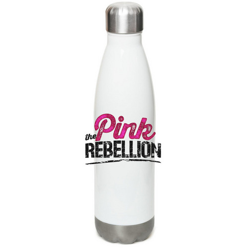 Pink Rebellion Water Bottle, a White Stainless Steel Water Bottle