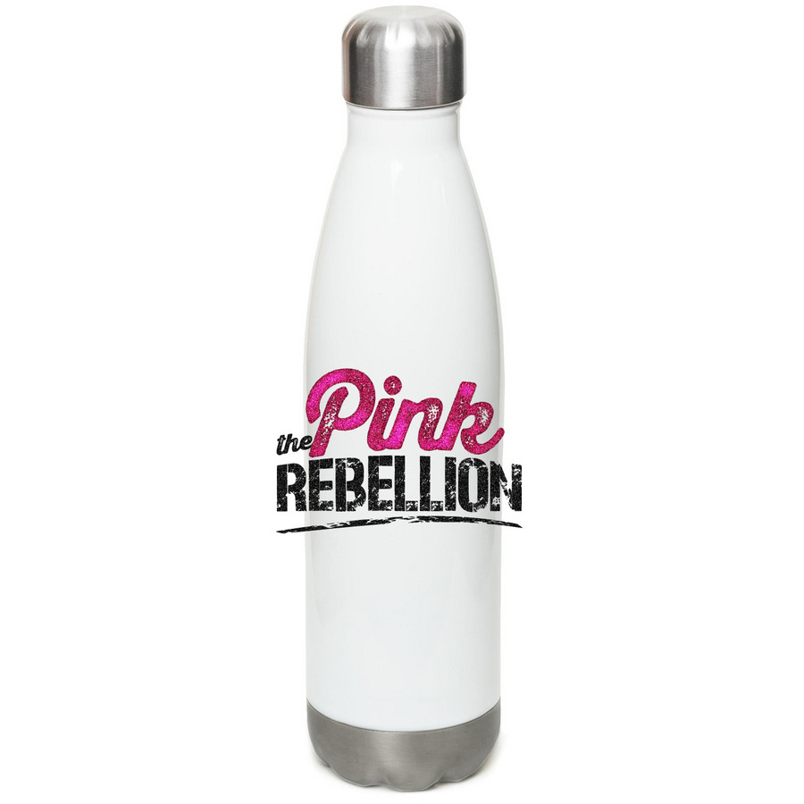 Pink Rebellion Water Bottle, a White Stainless Steel Water Bottle