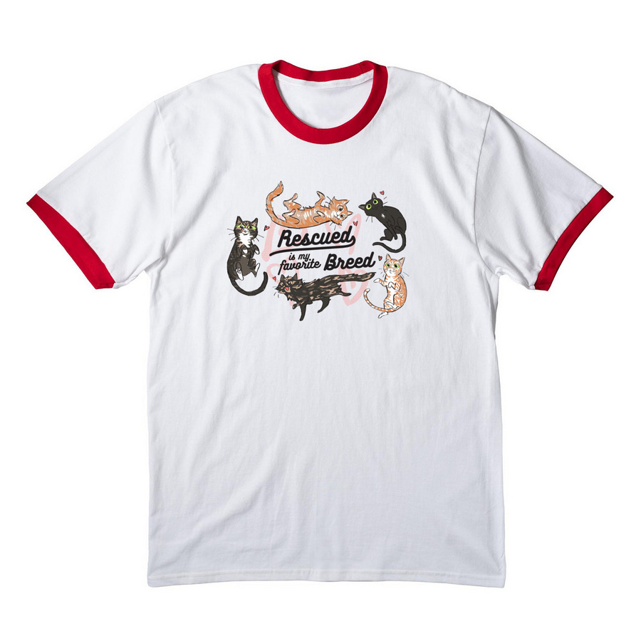 Stray Cat Alliance - Rescued, a White/ Red Cotton Ringer Tee