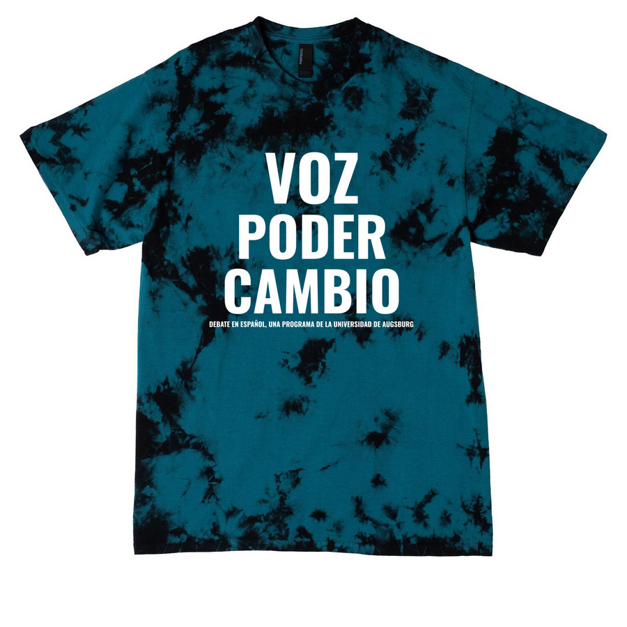 Crystal Tie Dye Voz Poder Cambio Tee, a Black/ Teal Crystal Tie Dye Tee