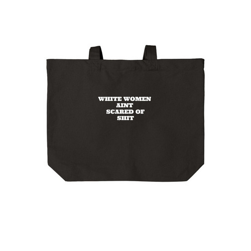 WHITE WOMEN AINT SCARED OF SHIT RESCUE BAG, a Deep Black Cotton Canvas Tote Bag