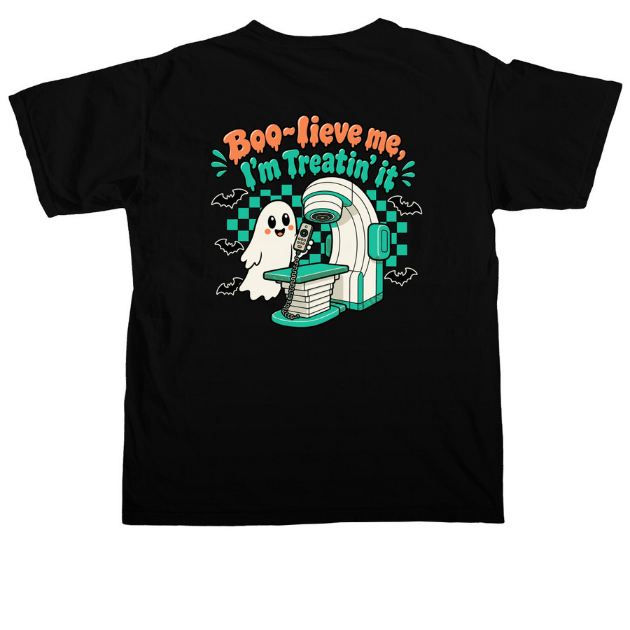 RadOnc Boo-lieve Me&nbsp;, a Black Comfort Colors Unisex Tee (back-view)