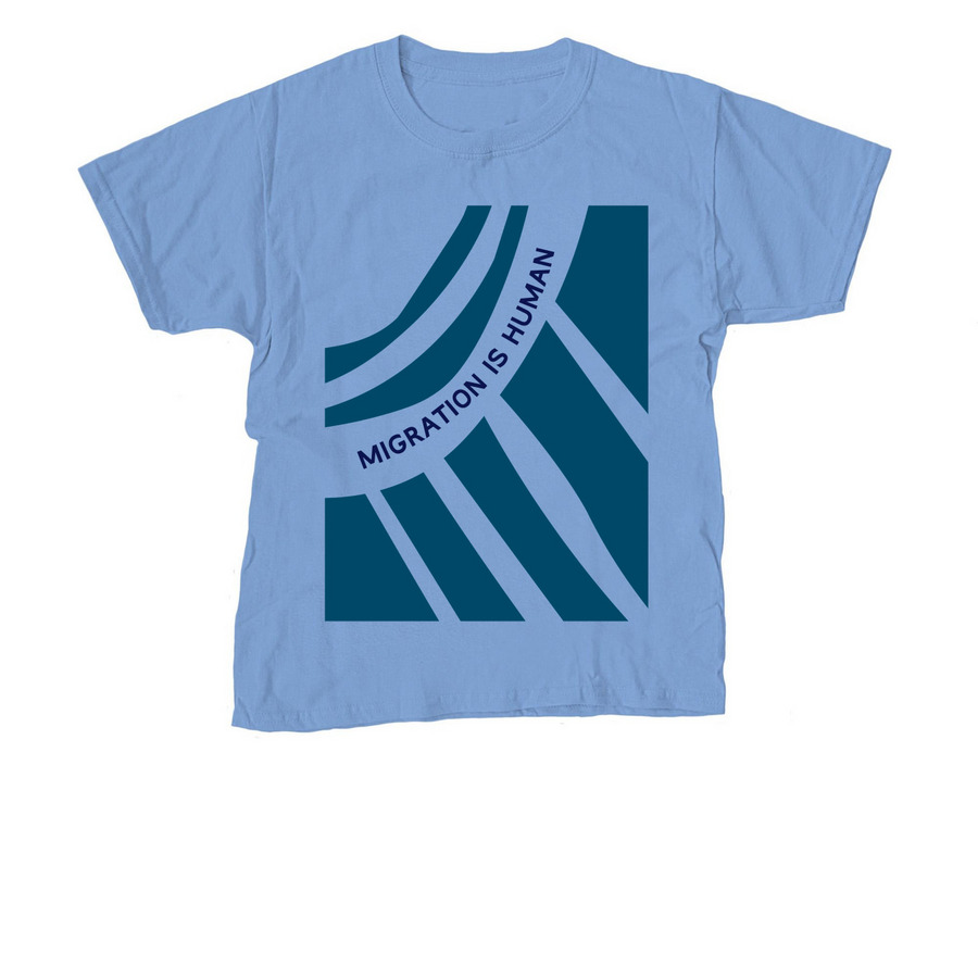 (Front-Only) Migration Is Human (Sun), a Carolina Blue Youth Unisex Tee