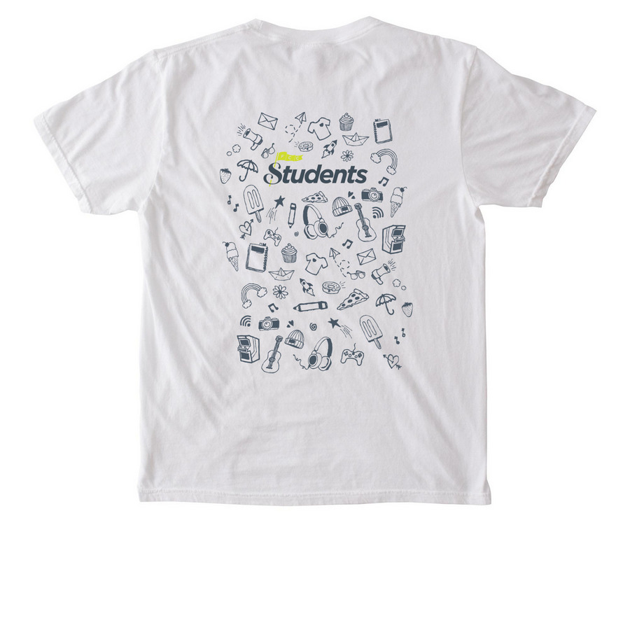 FCC Students Doodle Pocket Tee (Green), a White Comfort Colors Pocket Tee (back-view)