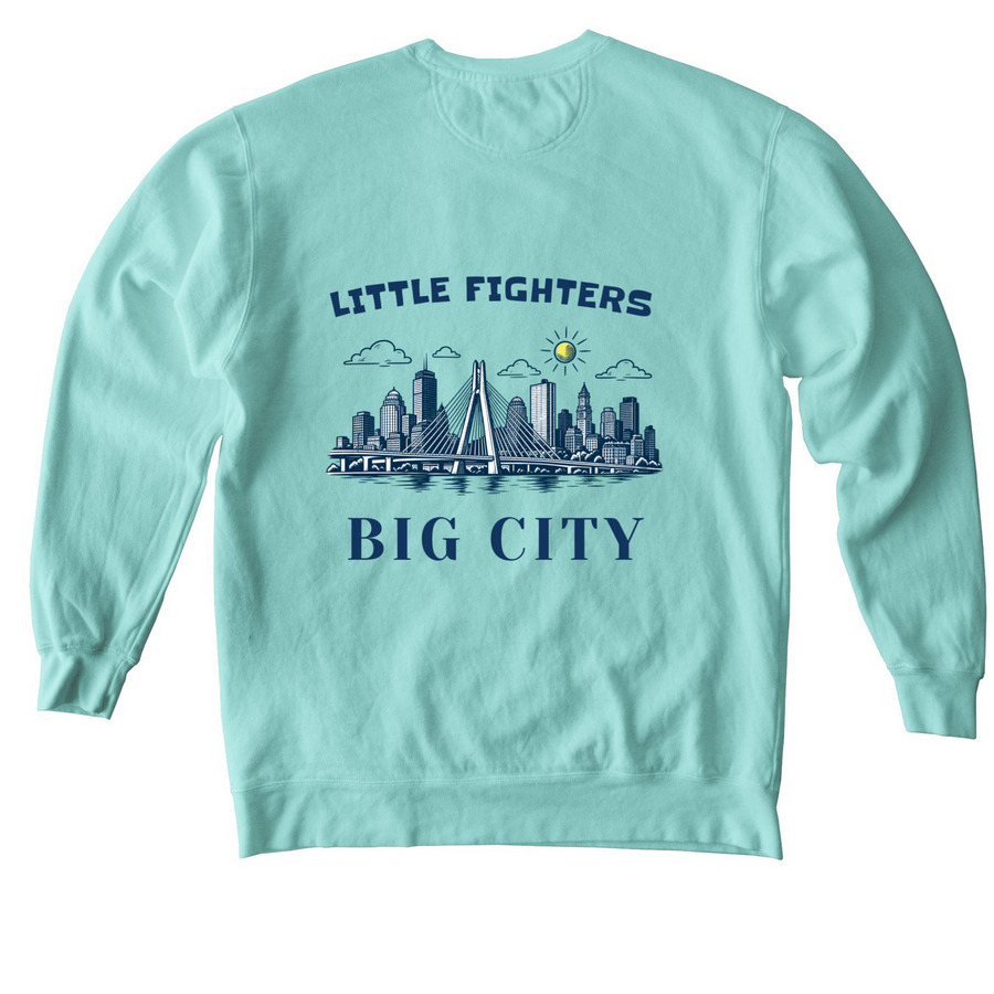 Little Fighter, Big City, a Chalky Mint Comfort Colors Crewneck Sweatshirt (back-view)