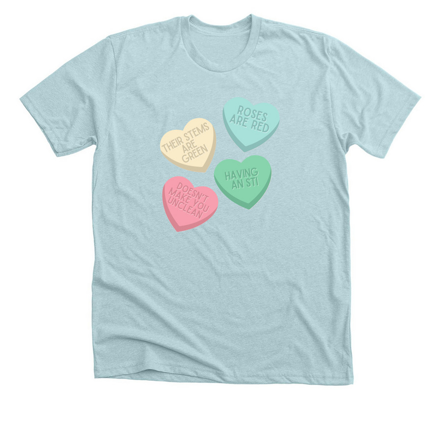 Candy Hearts - STIs, a Heather Ice Blue Premium Unisex Tee