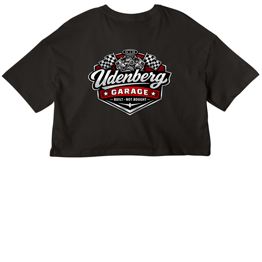 Women's "Udenberg Garage" Cropped Tee, a Black Women?s Cropped Cotton Tee (back-view)