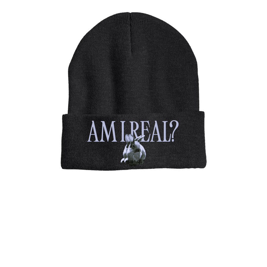 AM I REAL? Graphic Beanie, a Heather Charcoal Printed Cuffed Beanie