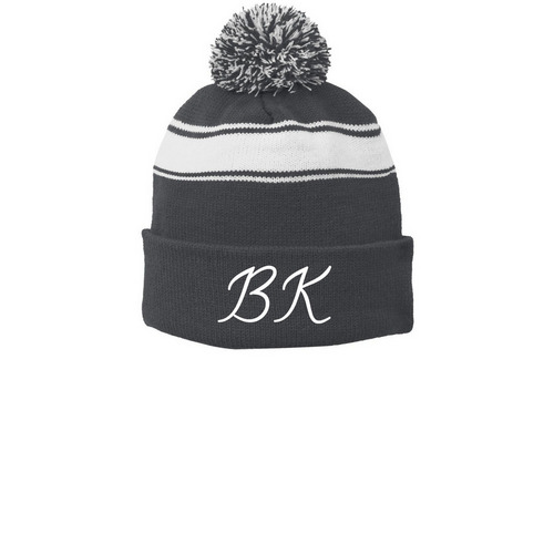 Braydon King Beenie, a Iron Grey/ White Printed Stripe Pom-Pom Beanie