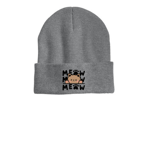 MEOW Beanie, a Dark Heather Grey Printed Cuffed Beanie