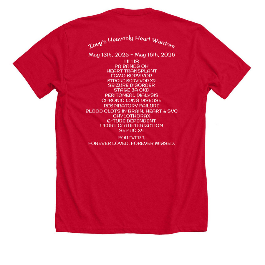 Zoey's Heavenly Heart Warriors, a Solid Red Blend Premium Unisex Tee (back-view)