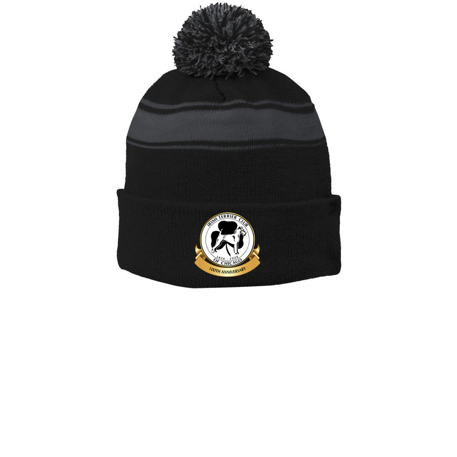 Two Tone Beanie, a Black/ Iron Grey Printed Stripe Pom-Pom Beanie