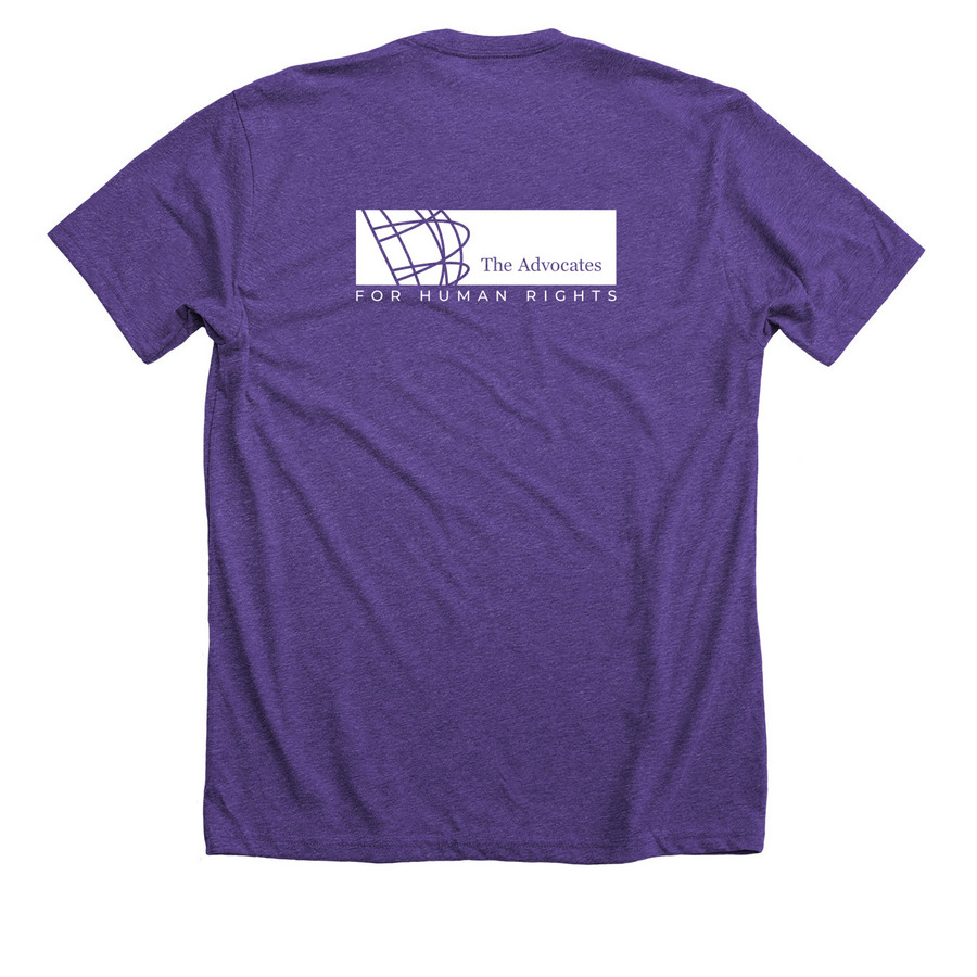 Defend Human Rights, a Heather Team Purple Premium Unisex Tee (back-view)