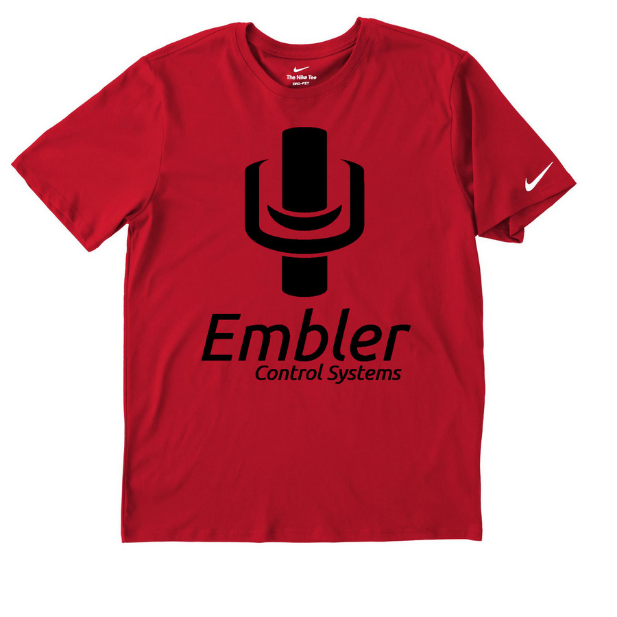 Nike Tee Embler Control Systems Logo, a University Red Nike Dri-FIT Jersey Blend Performance Tee