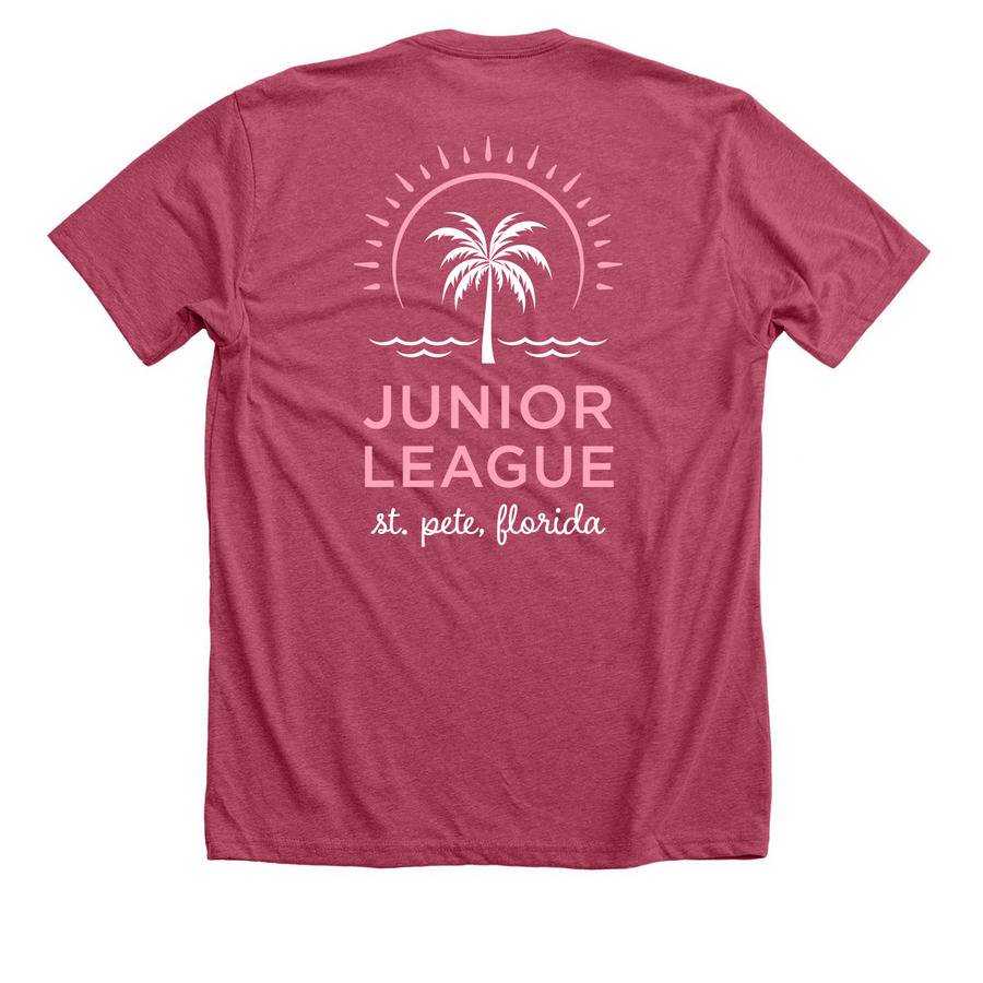 JLSP Sunshine City Palm Tree (2-Sided Print), a Heather Raspberry Premium Unisex Tee (back-view)