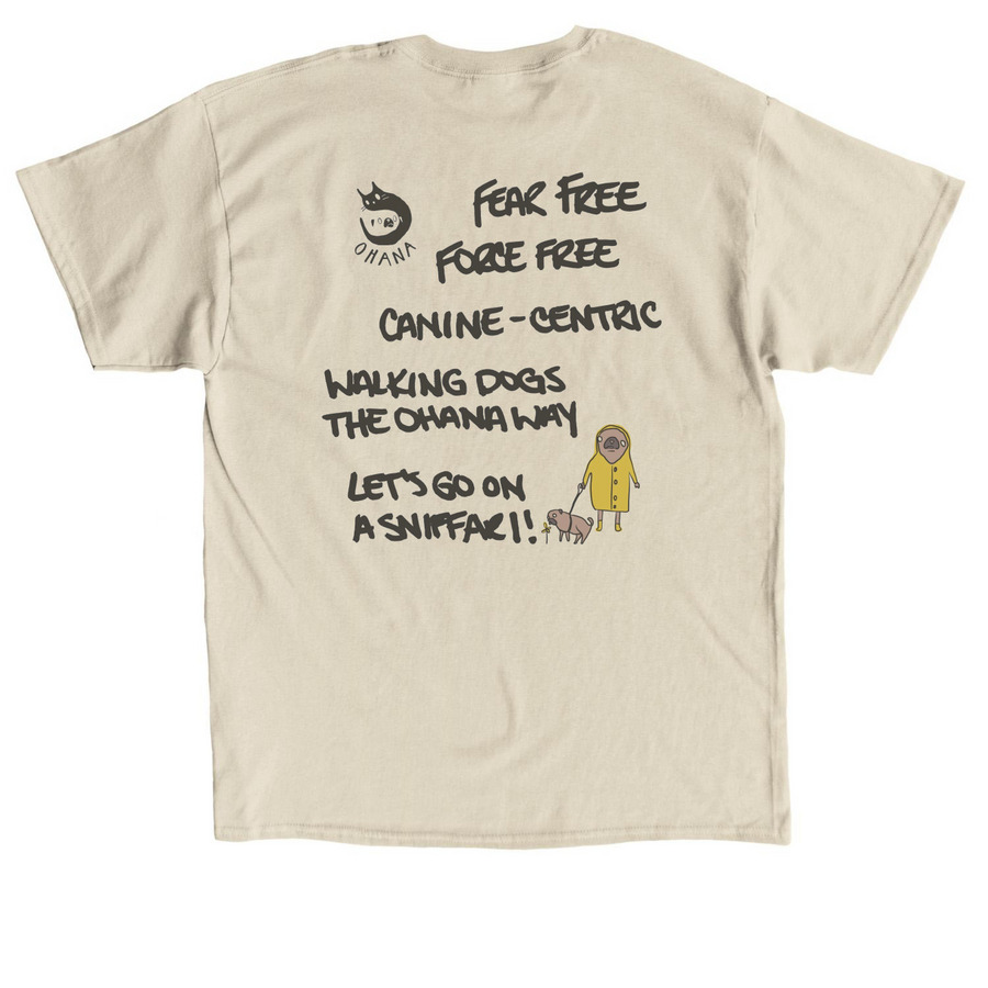 Walking Dogs the Ohana way, a Sand Classic Unisex Tee (back-view)