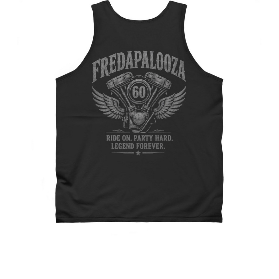 Fredapalooza Celebrating 60 / Ride On., a Black Classic Unisex Tank Top (back-view)