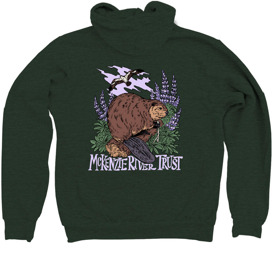 Beaver Hoodie, a Heather Forest Zip Up Hoodie (back-view)