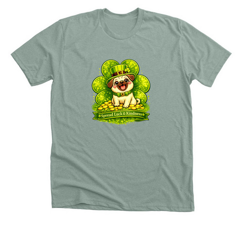 Spread Luck & Kindness Pug, a Heather Sage Premium Unisex Tee
