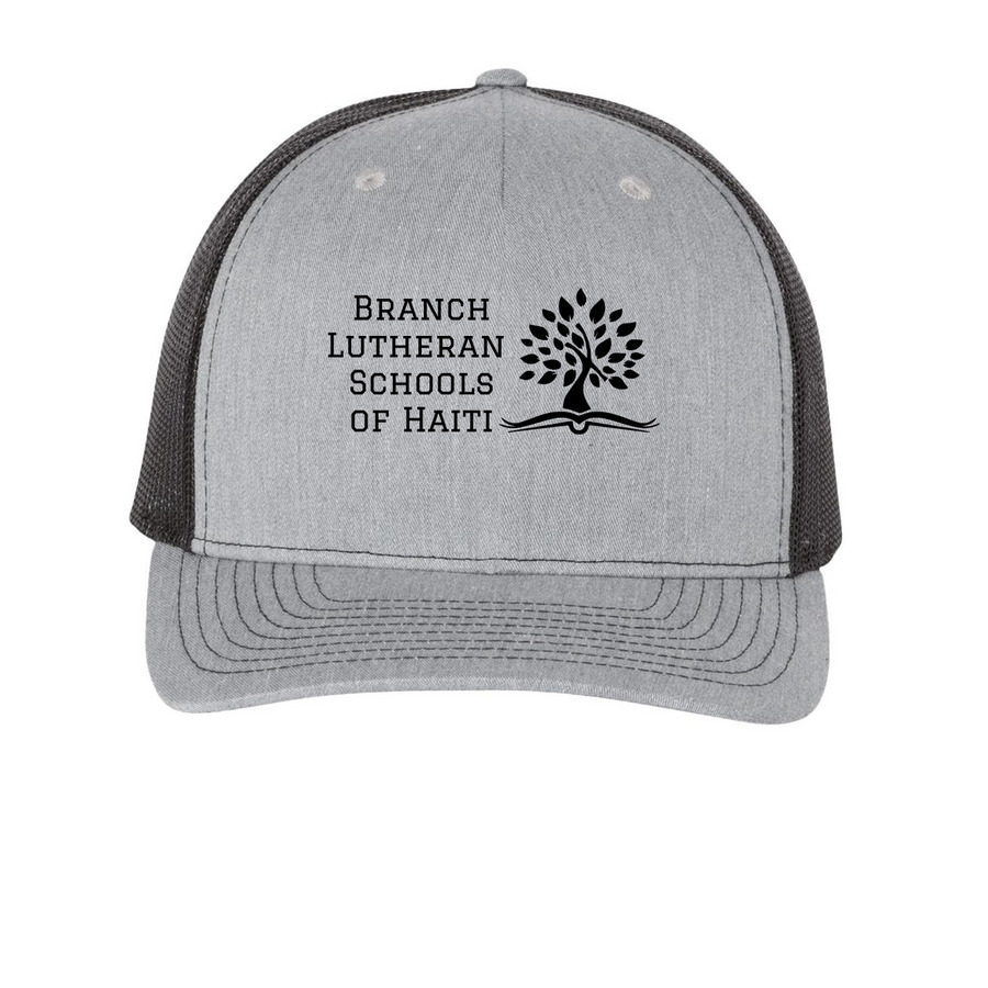 Branch Schools Trucker Hat, a Heather Grey/ Black Printed Five-Panel Trucker Cap