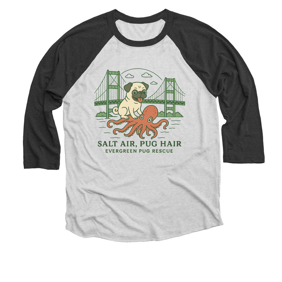 Salt Air, Pug Hair, a Black and Heather White 3/4 Sleeve Baseball Tee